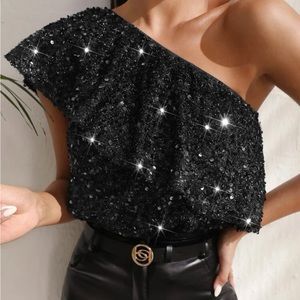 NEVER WORN! black sequin one shoulder crop